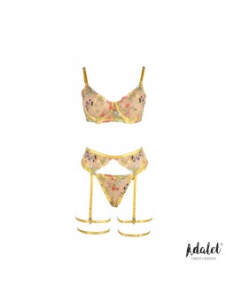 Zoey Set Sujetador Tanga Liguero y Ligas Amarillo Floral