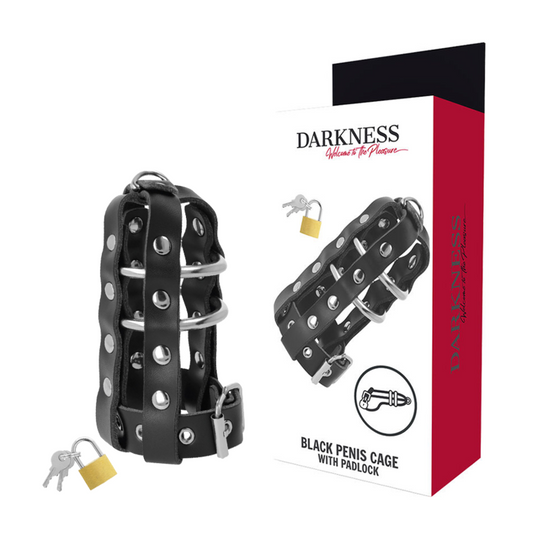 DARKNESS - LEATHER CHASTITY CAGE WITH PADLOCK