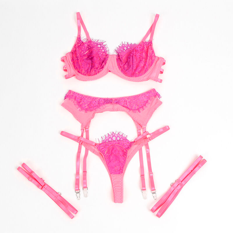 SUBBLIME - 955366 SET SUJETADOR CON ENCAJE Y LIGUEROS ROSA Y MORADO L/XL
