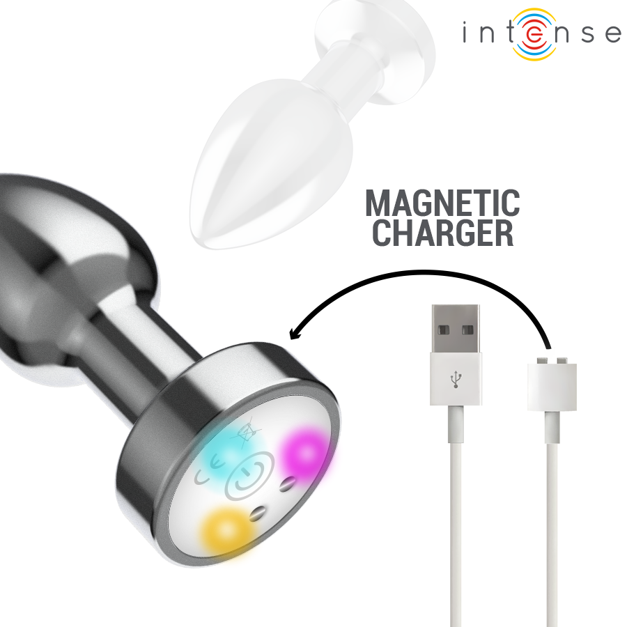 INTENSE - PLUG ANAL TALLA M DE METAL VIBRADOR CON LUCES LED MULTICOLOR Y CONTROL REMOTO