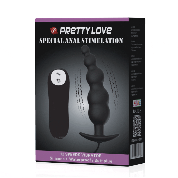 PRETTY LOVE - SILICONE ANAL PLUG EXTRA STIMULATION AND 12 VIBRATION MODES BLACK