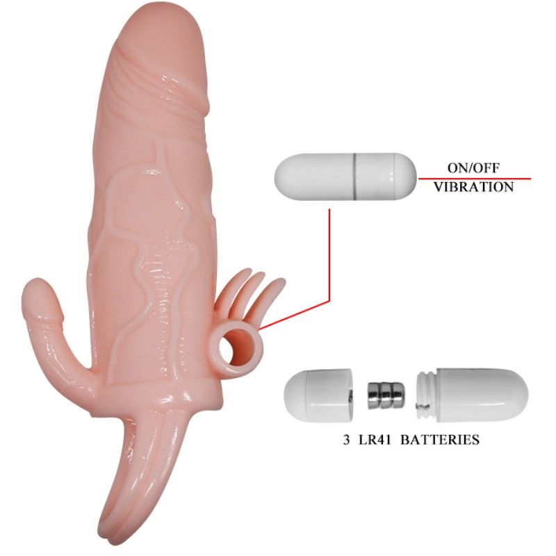 BAILE - BRAVE MAN FUNDA PENE ANAL Y CLITORIS VIBRADOR 16.5 CM NATURAL